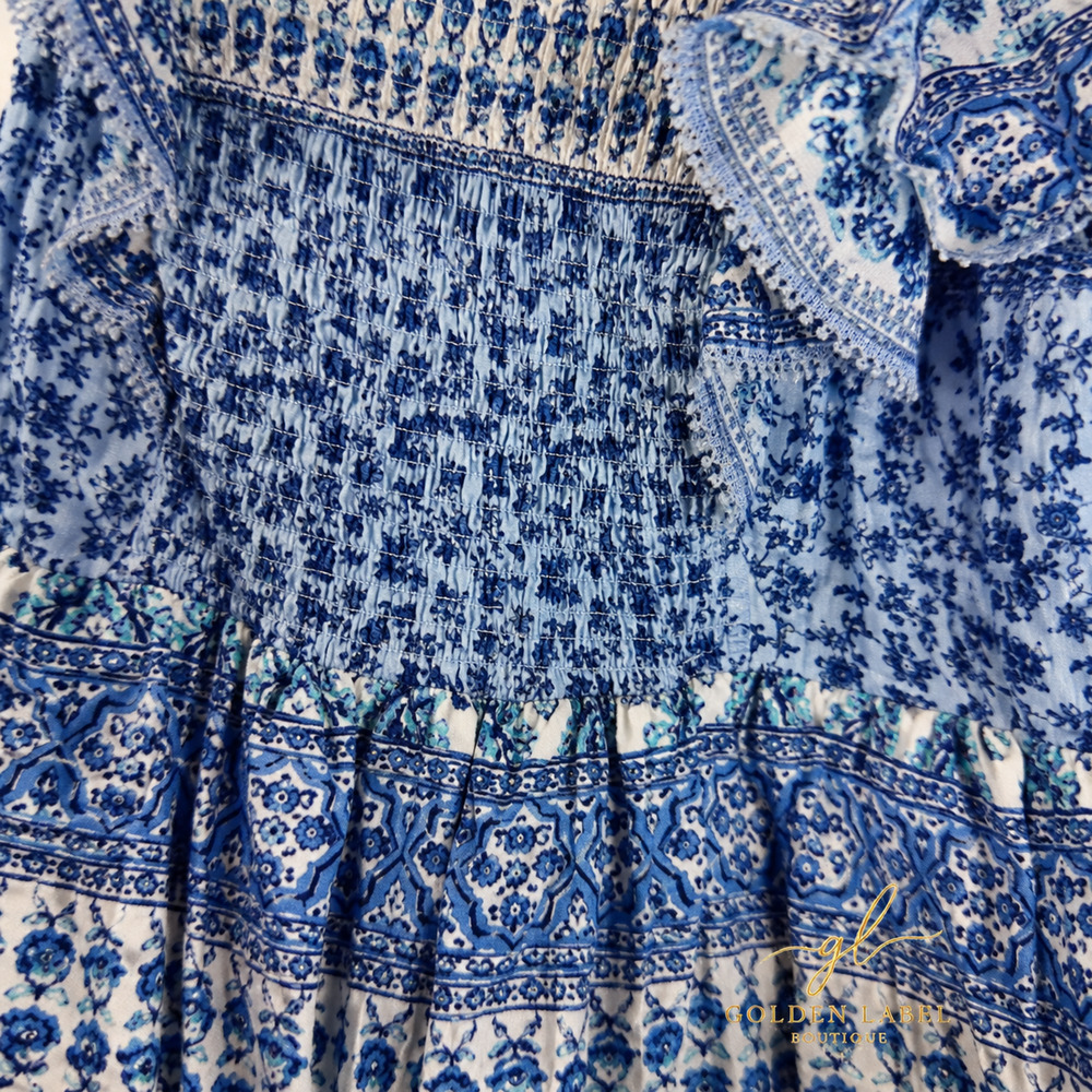 NWT Eliza J 20W Blue White Floral Smocked Midi Dress Sleeveless Pockets - Picture 7 of 8